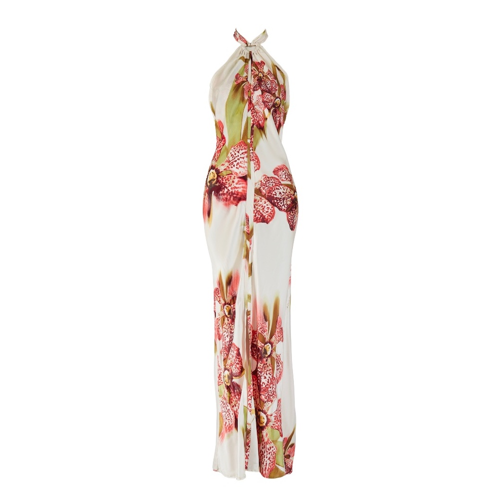 Roberto Cavalli F/W 2004 Orchid Print Silk Halter-neck Dress